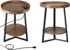 Gadroad Round End Table with Charging Station, Wood Tabletop & Black Metal Frame, 2 Tier Farmhouse Side Table Nightstand for Living Room, Bedroom, Brown 15.7 * 15.7 * 23.0inches