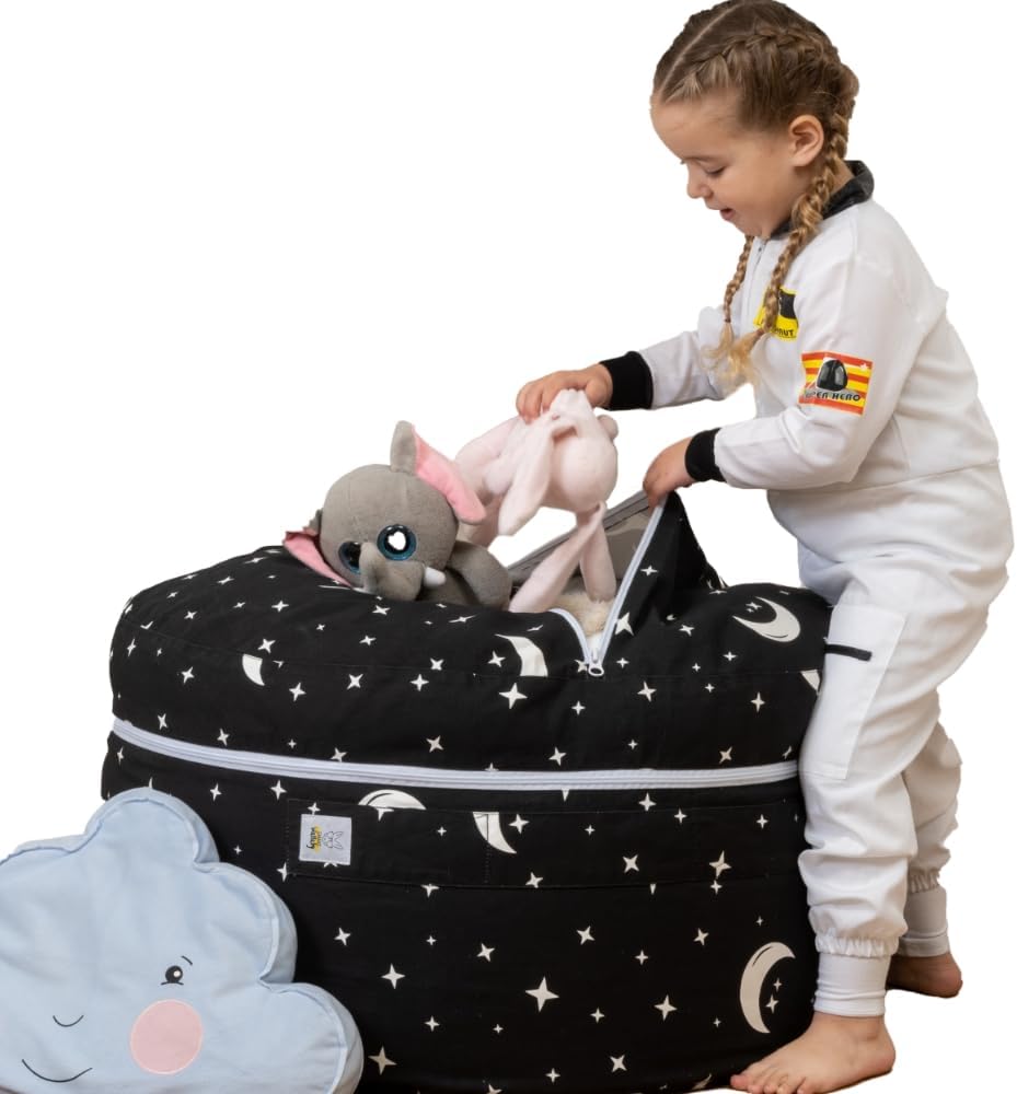 SMART WALLABY Stuffed Animal Storage Bean Bag Chair | 2 Sizes in 1 | 100% Cotton Washable Kids’ Plush Toys Organizer | XL to XXL Expandable Premium Soft Toys Pouf Starry Night