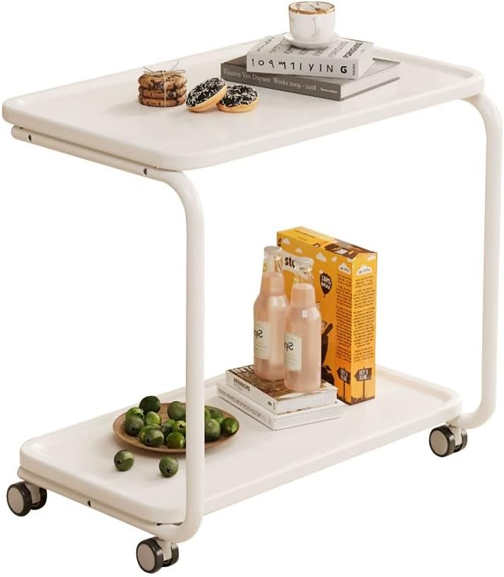 YCKEGEW 2-Tier Storage Trolley Mobile Side Tables with Wheels for Couch Living Room,White C-Shaped End Table for Small Space,360°Swivel TV Tray Table(Armless)