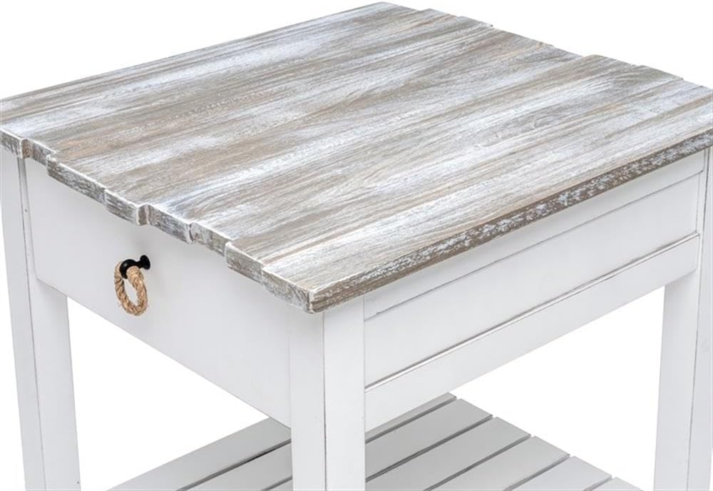 Pemberly Row Contemporary Wood End Table with Drawer, White/Gray Finish, 24" H x 22" W x 24" D, Solid Mindi and White Cedar Wood, Coastal Style, Textured Design, Ball Bearing Glides, Living Room Side