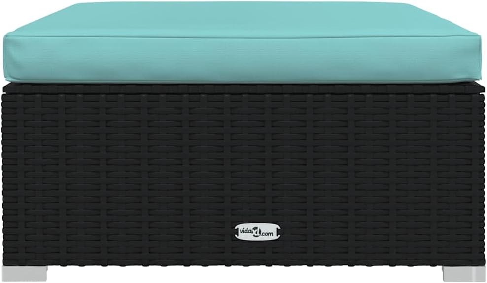 Outdoor Patio Footrest Ottoman with Aqua Cushion, Modular PE Rattan Footstool for Garden, Deck, and Backyard, Black, 27.6 x 27.6 x 11.8 Inch