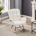 Teddy Rocking Chair, Upholstered Nursery Glider with High Back, Comfy Accent Armchair for Living Room Bedroom, Metal Frame & Solid Wood Legs, 250Lbs Capacity, Cream White