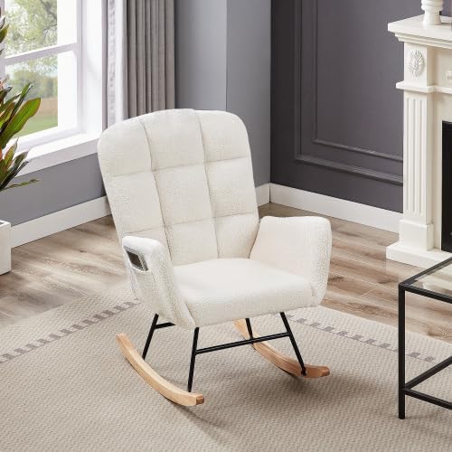 White Teddy Upholstered Glider Rocker, Nursery Rocking Chair with Footrest, Soft High Back Accent Armchair for Bedroom Living Space, Sturdy Iron Frame & Wood Legs, 250Lbs