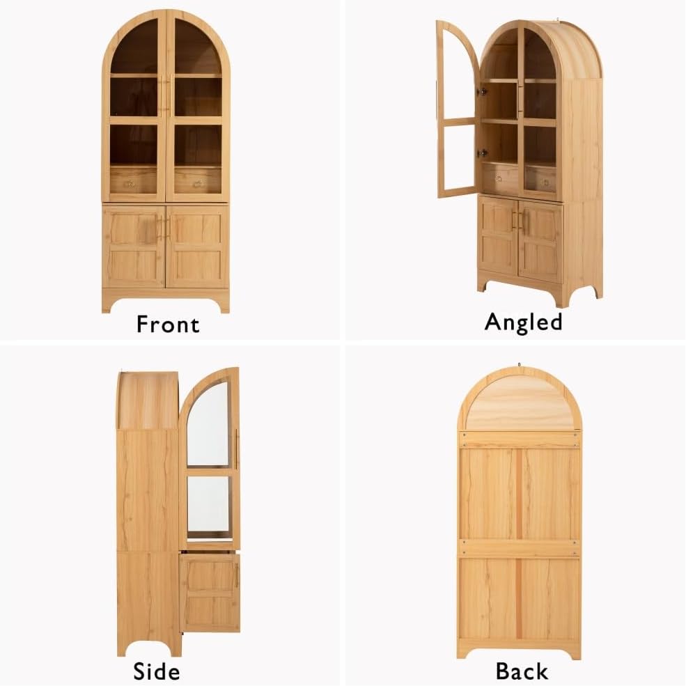 71 Inch Arched Kitchen Pantry Cabinet with Glass Doors and Hidden Drawer, Farmhouse Storage Four Door Cupboard with Internal Door Shelves, Adjustable Shelving and Anti-Tip Kit (Natural)