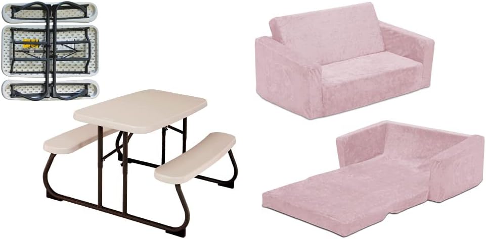Lifetime 280094 Kid's Picnic Table, Size 1, Almond and Delta Children Serta Perfect Sleeper Extra Wide Convertible Sofa to Lounger, Comfy 2-in-1 Flip Open Couch/Sleeper for Kids, Pink