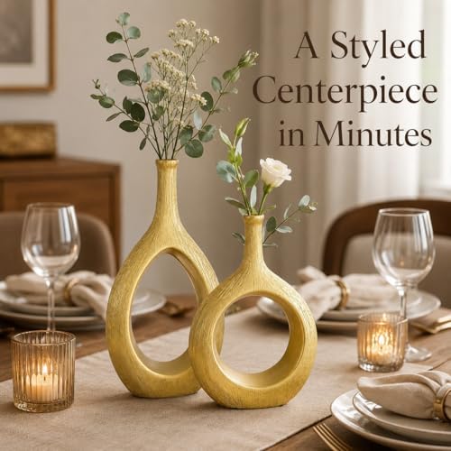 Brushed Gold Ceramic Vase Set 2,Modern Hollow Circle with Hole Flower Vase for Home Decor,for Table Centerpieces,Farmhouse,Fire Place,Living Room,Bedroom,Office,Bookshelf,Rustic Decor
