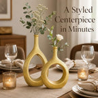 Brushed Gold Ceramic Vase Set 2,Modern Hollow Circle with Hole Flower Vase for Home Decor,for Table Centerpieces,Farmhouse,Fire Place,Living Room,Bedroom,Office,Bookshelf,Rustic Decor
