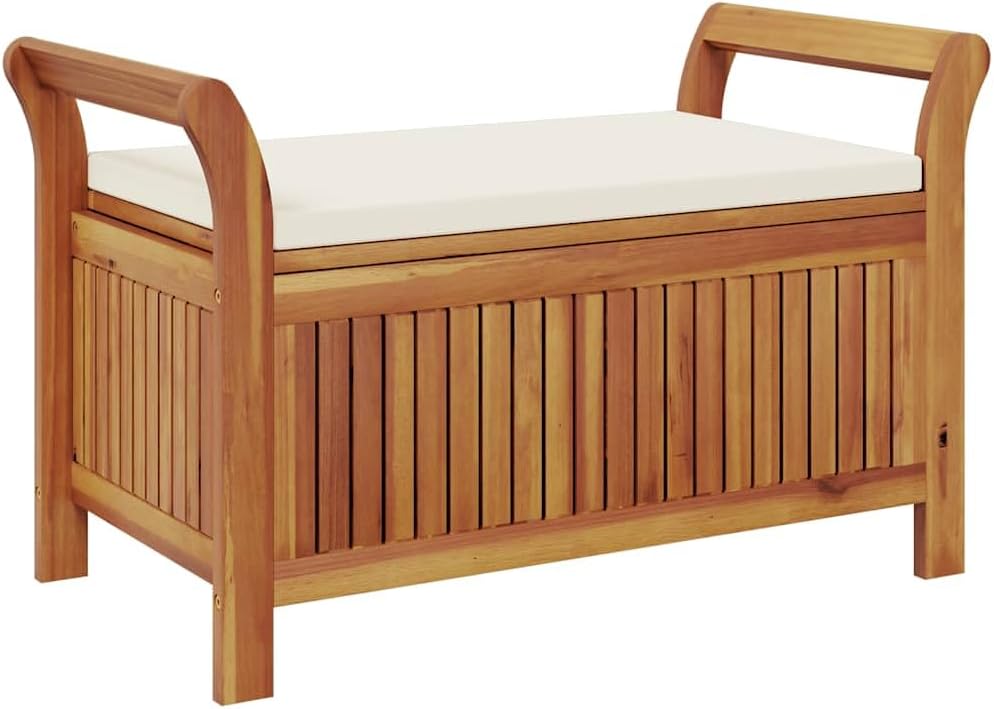 Wooden Garden Storage Bench with Cushion 35.8" Solid Acacia Wood Patio Storage Bench with Curved Arms for Outdoor Use