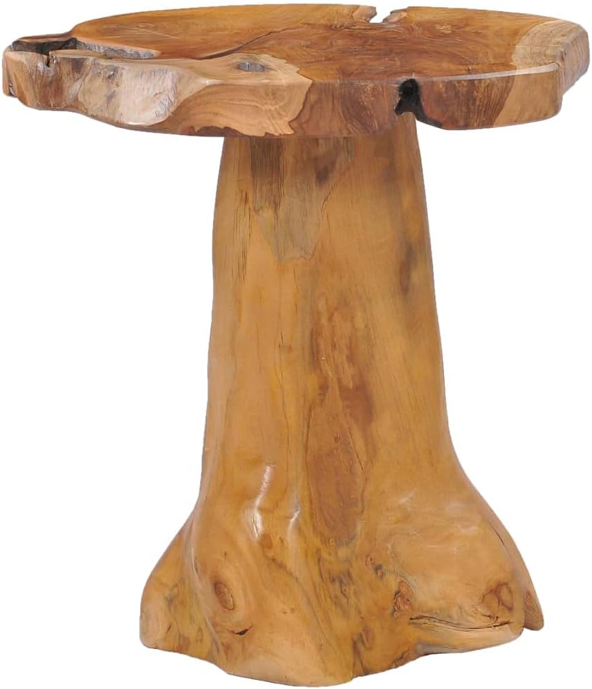 Solid Teak Wood Coffee Table, 15.7-Inch Round Rustic End Table, Handcrafted Root Base Side Table for Living Room, Brown Minimalist Accent Furniture