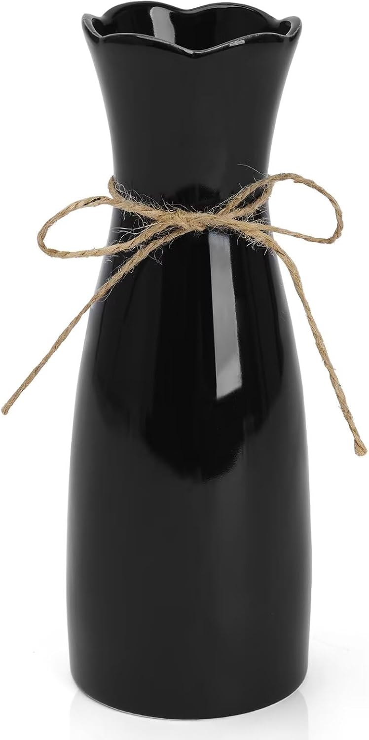 Small Vase Black Ceramic Jute Rope Simple Vases for Home Decor Minimalist Modern Flower Vase Elegant Decorative Glossy Vase for Pampas Grass, Office, Living Room, Mantel and Bedroom Décor