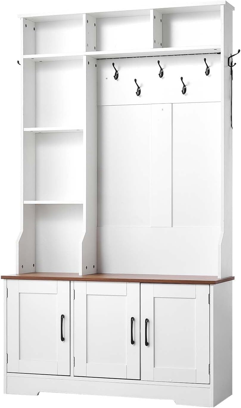 VEVOR Hall Tree with Bench and Shoe Storage, 39" Wide, Entryway Hall Tree with Bench, Hanging Hooks, Storage Shelves, Adjustable Shoe Shelves, LED Light, Wooden, for Mudroom, Entryway, Hallway, White