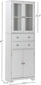 67in H Kitchen Pantry Cabinet with Glass Doors and Drawers, Kitchen Hutch Cabinet Storage Cabinet Large Food Cupboard Storage Cabinet Sideboard for Snacks, Spices & Wine, White