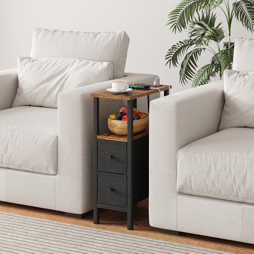 Narrow Side Table for Small Spaces, Skinny End Table with Charging Station, Sofa Beside Table with 2 Drawers 1 Open Compartment, Slim Nightstand with USB Ports Outlet, Rustic and Brown UTBT005FV2