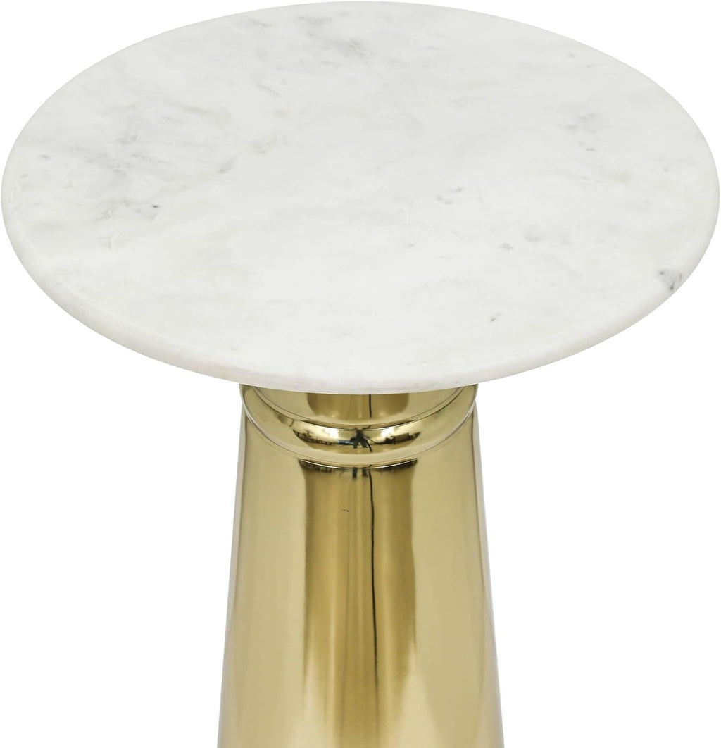 Gold Side Table with White Marble Top | Decorative Modern End Table | Pedestal Metal Base | Accent Table for Living Room | 14x14x24