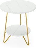 Oigavfd 18.7" Round End Table, 2-Tier Faux Marble Round end Table with Shelf, Compact Sofa Bedside Table for Living Room, Bedroom, Office (White)