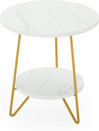 Oigavfd 18.7" Round End Table, 2-Tier Faux Marble Round end Table with Shelf, Compact Sofa Bedside Table for Living Room, Bedroom, Office (White)