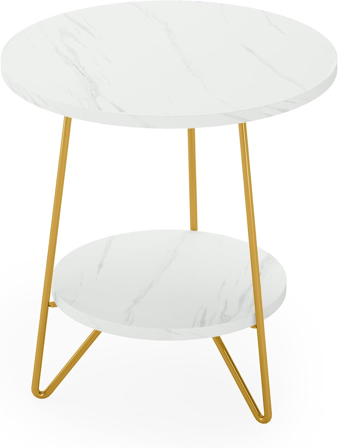 Oigavfd 18.7" Round End Table, 2-Tier Faux Marble Round end Table with Shelf, Compact Sofa Bedside Table for Living Room, Bedroom, Office (White)