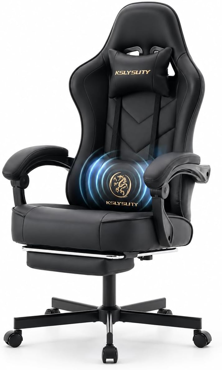 Office Desk Computer Gaming Chair for Adults, Ergonomic High Back Gamer Chair with Massage and Pocket Spring Cushion, Swivel Comfy Video Game Chairs with Footrest and Lumbar Support (Black Leather)