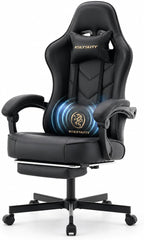 Office Desk Computer Gaming Chair for Adults, Ergonomic High Back Gamer Chair with Massage and Pocket Spring Cushion, Swivel Comfy Video Game Chairs with Footrest and Lumbar Support (Black Leather)