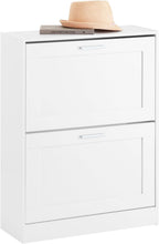 Hestiamo Shoe Cabinet for Entryway, 2-Tier Flip Drawer Shoe Storage Cabinet with Dividers, Shoe Organizer for Small Spaces, Narrow Shoe Rack, Slim Shoe Rack Freestanding, White, HUS-FSR137