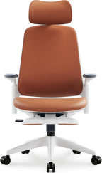 Sunaofe Boss Pro Leather Ergonomic Office Chair with Footrest - Executive Chair, 4D Armrests, Adaptive Lumbar, 125° Recline, 300lb Capacity, 5-Year Warranty White Frame/Brown