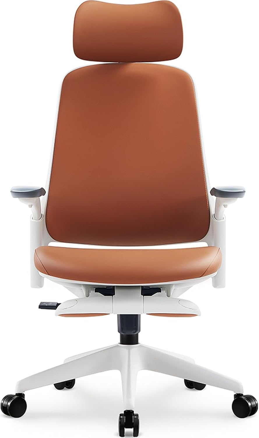 Sunaofe Boss Pro Leather Ergonomic Office Chair with Footrest - Executive Chair, 4D Armrests, Adaptive Lumbar, 125° Recline, 300lb Capacity, 5-Year Warranty White Frame/Brown