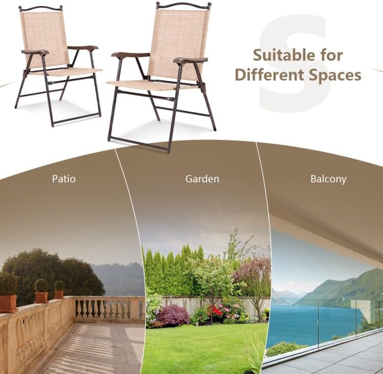 2-Pack Modern Folding Sling Back Deck Chairs in Beige Textile Fabric with Steel Frame & Plastic Feet, 20x24x38in, UV-Resistant for Outdoor Use