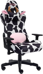 Pemberly Row Modern Gaming Chair, Cow Print Velvet-Like Fabric, Black/White, Adjustable Arms, 150° Recline, Memory Foam Seat, Lumbar Pillow, Durable Nylon Base, 250 lb Capacity, Home or Office Use