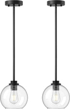 EDISHINE Modern Pendant Lights Kitchen Island 2 Pack, Hanging Light Fixture with Clear Glass Globe Shade, Hardwired Matte Black Adjustable Metal Rod for Bathroom, Dining Room, Bedroom