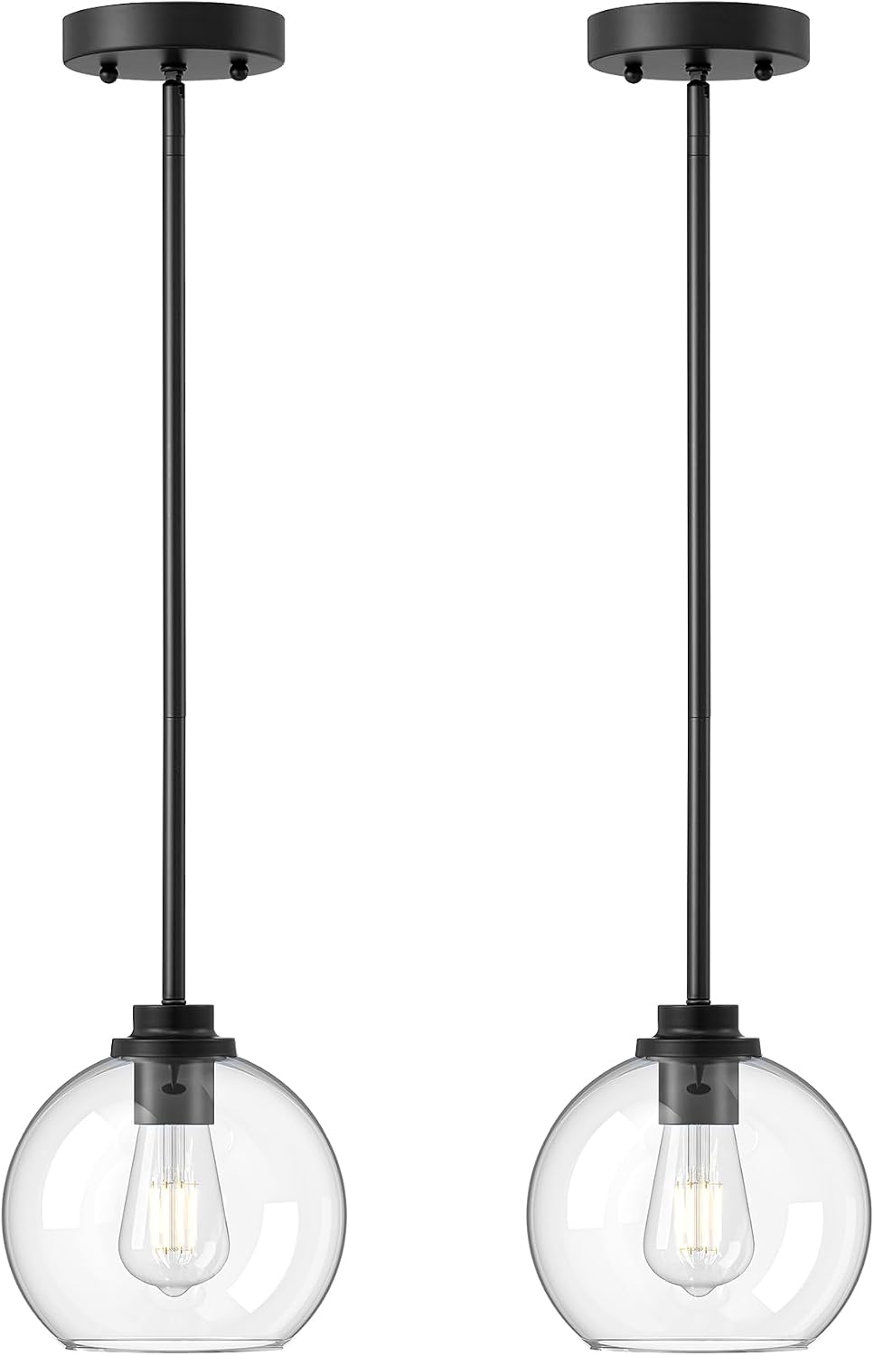 EDISHINE Modern Pendant Lights Kitchen Island 2 Pack, Hanging Light Fixture with Clear Glass Globe Shade, Hardwired Matte Black Adjustable Metal Rod for Bathroom, Dining Room, Bedroom
