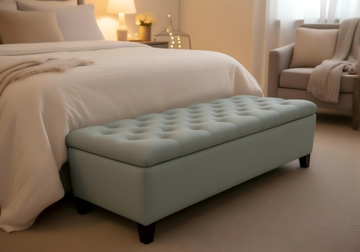 50.25" Storage Ottoman Bench with Safety Hinges for Kids Room: Slow-Close Lid Prevents Pinched Fingers - Baby Blue Footrest Stool for Bedroom, Living Room, Entryway, Hallway - Holds 8x Slower
