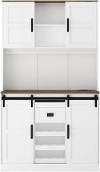 74 Inch Tall Freestanding Pantry Storage Cabinet Cupboard Unit, Six Doors, Dual Drawers, Triple Shelves, Integrated Power Outlets USB Charging, Versatile Wardrobe Hutch Organizer Furniture (White B)