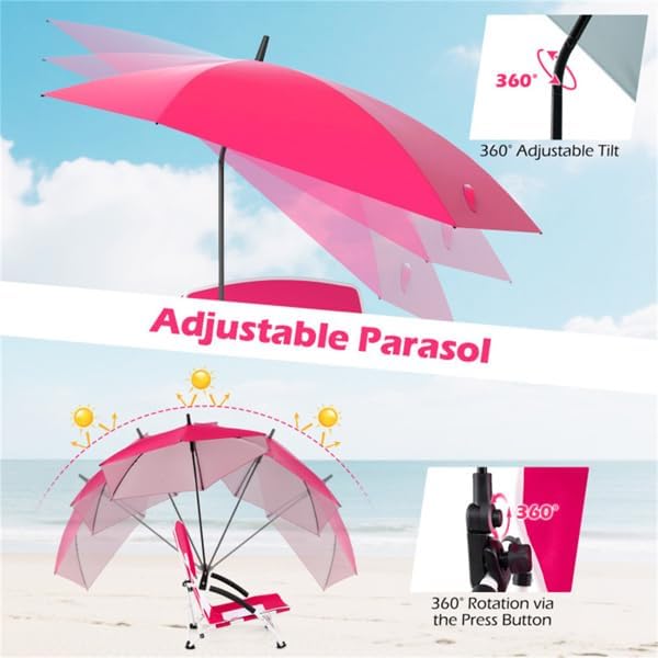 Portable Beach Chair with Detachable Umbrella, Pink, 600D Oxford Fabric, UPF 50+, 330 lbs Capacity, Includes Carry Bag