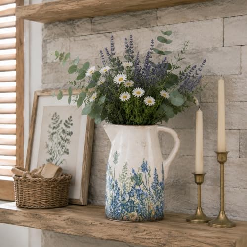 Navy Blue & Green Vintage Ceramic Pitcher Vase 7.3”, Rustic Farmhouse Floral Vase, Beige Decorative Centerpiece, Grandmillennial Tuscan Decor
