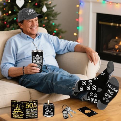 50th Birthday Gifts for Men - Unique Birthday Box with 20 Oz Tumbler, Baseball Cap, Socks, Bracelets, Scented Candle, Happy 50th Birthday Decorations for Husband, Dad, Grandpa, Friends, Boss