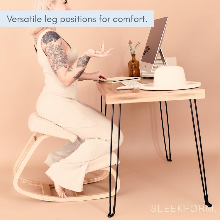 Sleekform Ergonomic Kneeling Chair - Home Office Rocking Desk Stool for Active Sitting - White Comfortable Cushions Wood