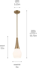 Kichler Deela Single Pendant Light Fixture for Kitchen Island with Satin Etched Cased Opal Glass in Champagne Bronze, Modern Hanging Lamp (7" x 17"), 52529CPZ