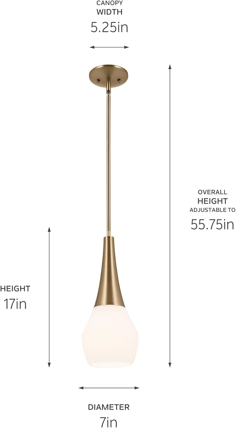 Kichler Deela Single Pendant Light Fixture for Kitchen Island with Satin Etched Cased Opal Glass in Champagne Bronze, Modern Hanging Lamp (7" x 17"), 52529CPZ