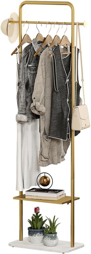 KaKaBB Gold Clothing Rack, Freestanding Coat Rack with Metal Shelves and Natural Marble Base, Small Clothes Stand Organizer for Bedroom, Entryway, Apartment (Gold, 19.7")