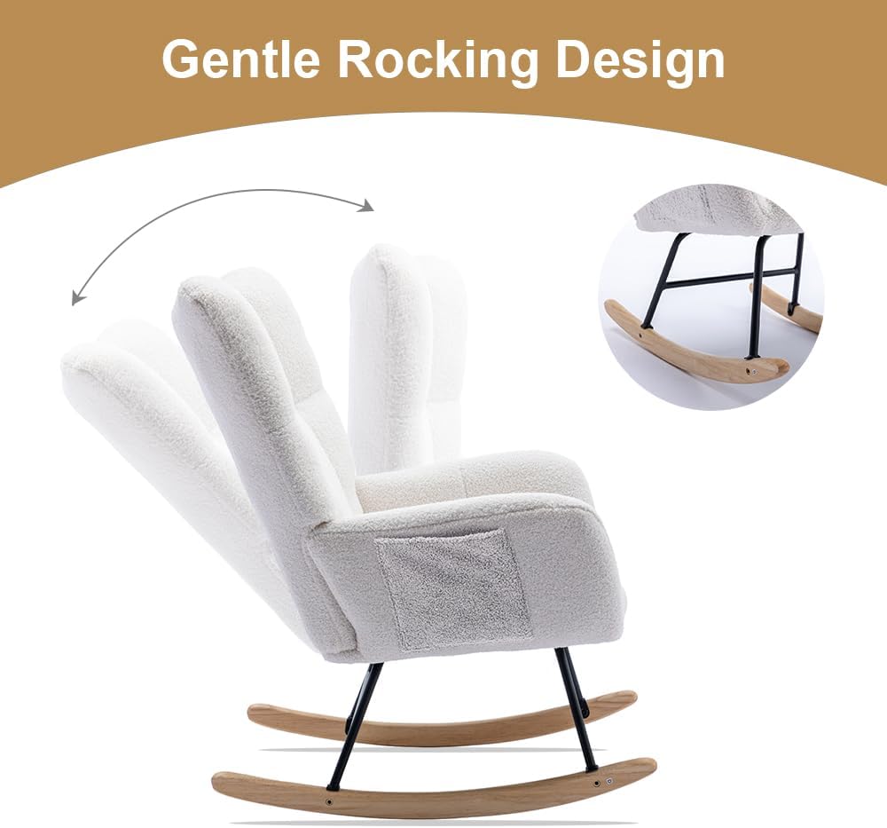 Rocking Chair Nursery, Teddy Upholstered Glider Rocker with High Backrest, Reading Chair Modern Rocking Accent Chairs Glider Recliner for Living Room, Nursery, Bedroom,White