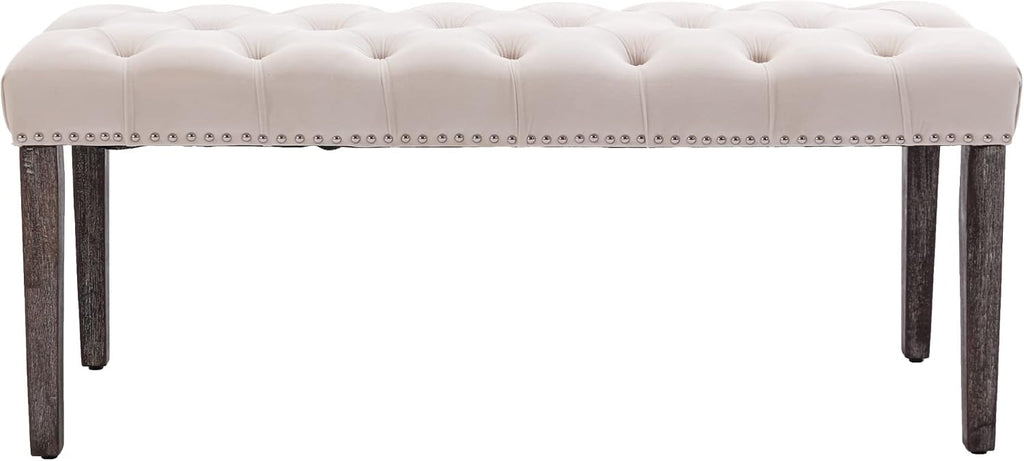 Heng Ming Upholstered Tufted Bench Ottoman, Velvet Dining Bench Bedroom Bench Footrest Stool Accent Bench for Entryway Dining Room Living Room, Beige