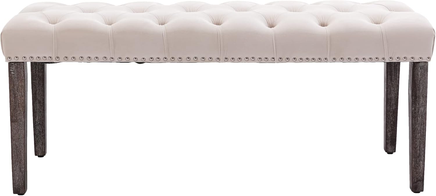 Heng Ming Upholstered Tufted Bench Ottoman, Velvet Dining Bench Bedroom Bench Footrest Stool Accent Bench for Entryway Dining Room Living Room, Beige