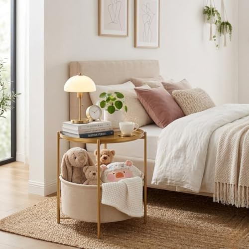 danpinera Gold Side Table with Fabric Storage Basket, Metal Round Side Small Bedside Table Nightstand with Removable Tray for Living Room, Bedroom, Outdoor Table for Patio, Nursery, Bathroom, Gold