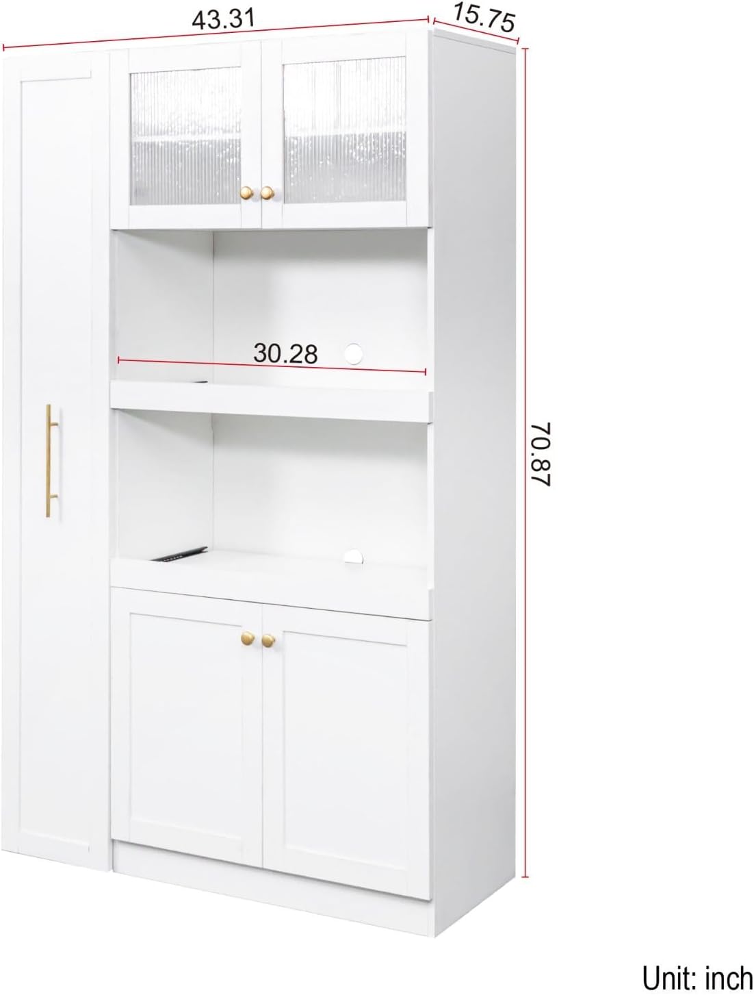 White Kitchen Pantry Cabinet with Pull-Out Multi-Tier Storage Shelf, Glass Doors, Multi-Purpose Modern Storage Cabinet for Kitchen, Dining Room, or Living Room, 70.87” H