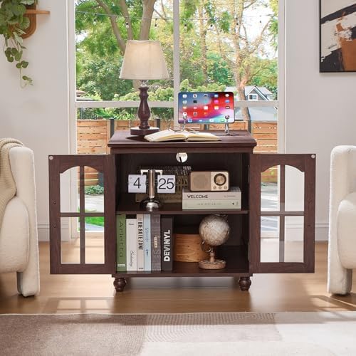 RWYHG End Table Set 2 with Charger, 18'' Nightstand and 24" Side Tables | Glass Barn Door Storage, Solid Wood Legs Farmhouse Style Bedside Table for Living Room,Bedroom Consistent style