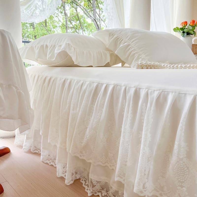 Queen Size Lace Ruffled Bed Skirt, 17 Inch Drop Easy Fit Bedskirt Bed Sheet for Hidden Box Spring & Under Bed Storage