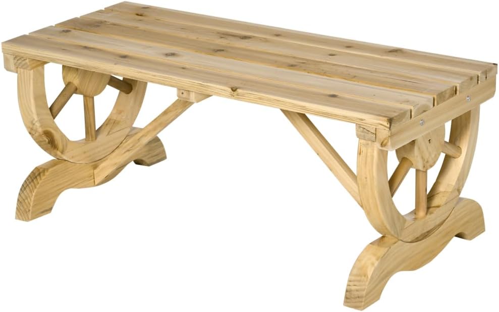 Wooden Garden Bench for Two People with Wagon Wheel Design, Rustic Outdoor Porch Seating for Backyard and Patio Use