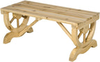 Wooden Garden Bench for Two People with Wagon Wheel Design, Rustic Outdoor Porch Seating for Backyard and Patio Use