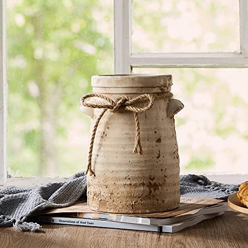 SIDUCAL Ceramic Decorative Flower Vase, 8 Inch Rustic Distressed Pottery Decorative Flower Vase for Home Decor, Ideal Shelf, Bookshelf, Mantle, Entryway, Living Room, Table Decor