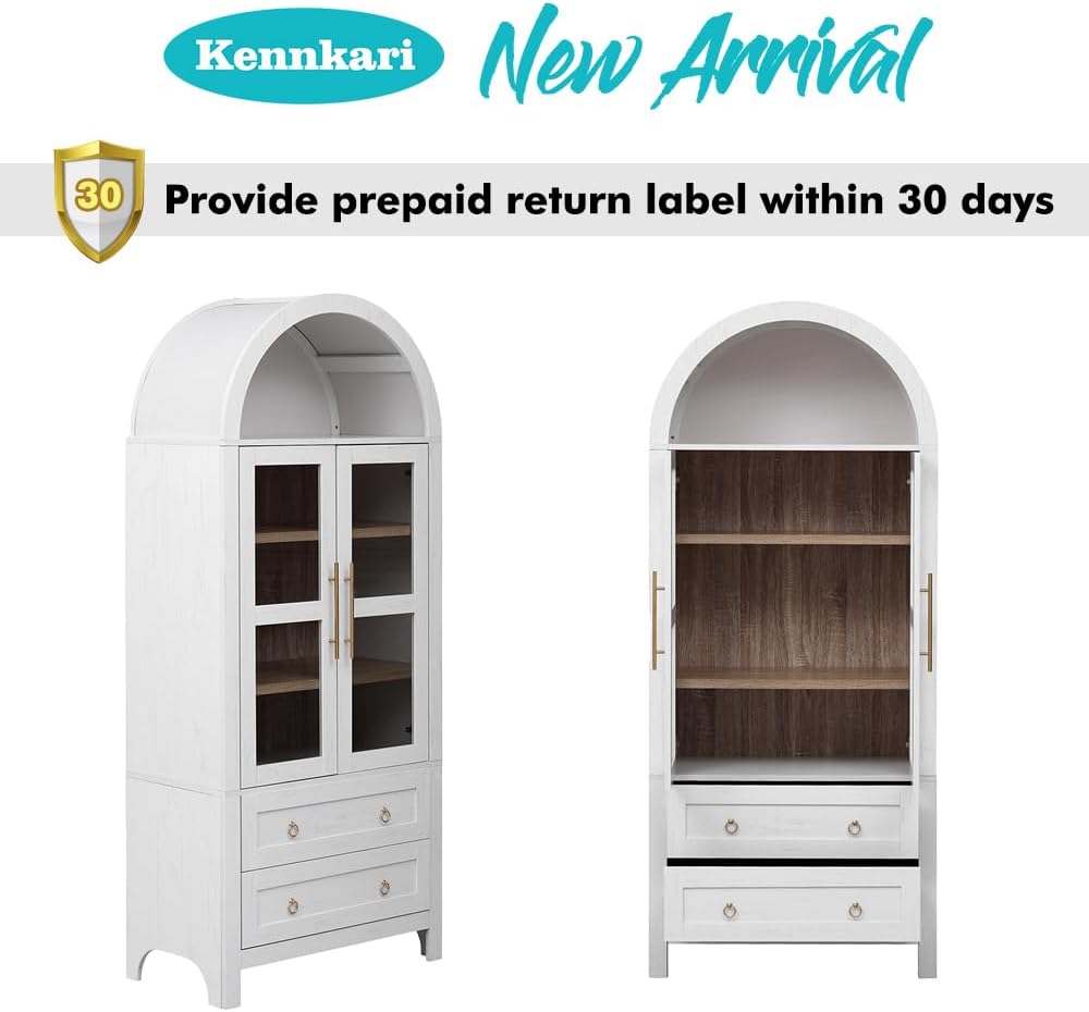 71" Tall Arched Kitchen Pantry Cabinet with 2 Large Drawers & Adjustable Shelves, Arched Bookshelf with Storage Cabinet & Glass Doors, Wooden Versatile Cupboard for Dining Room (White)